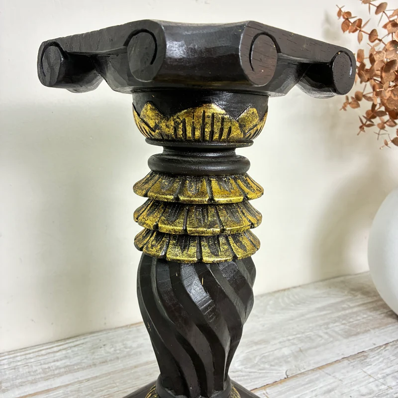Vintage Säule Podest Blumenständer Holz Geschnitzt Schwarz Gold Antik Gebraucht