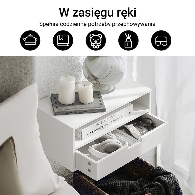 SoBuy NKD03-Wx2, 2 sztuk Pływający stolik nocny – oszczędność miejsca, regał ścienny z szufladą i otwartą półką, montowany na ścianie stolik nocny do sypialni, szer. 45 x gł. 25 x wys. 22 cm, biały
