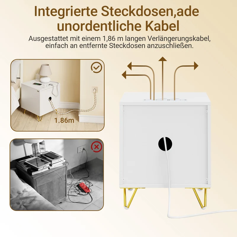 SoBuy | Nachttisch mit 2 Schubladen | Ladefunktion | USB und Type-C | Weiß | FBT115-E-W
