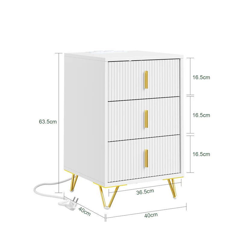 SoBuy | Nachttisch mit 3 Schubladen | Ladefunktion | USB und Type-C | Weiß | FBT115-L-E-W