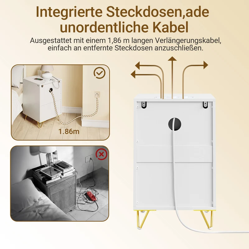 SoBuy | Nachttisch mit 3 Schubladen | Ladefunktion | USB und Type-C | Weiß | FBT115-L-E-W