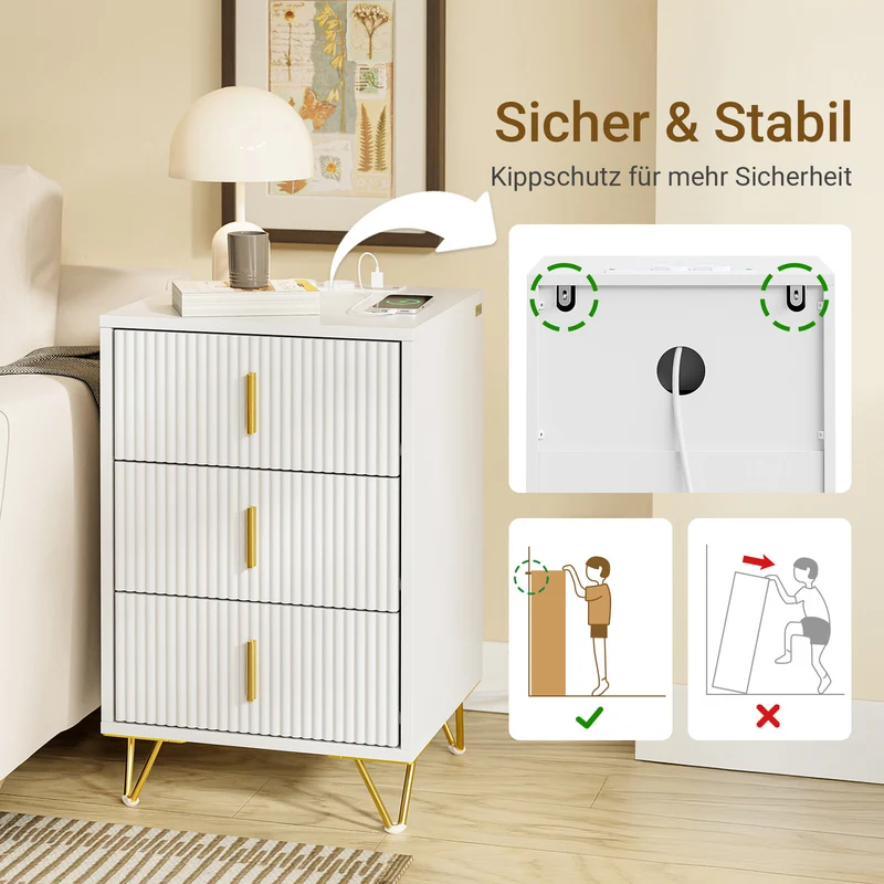 SoBuy | Nachttisch mit 3 Schubladen | Ladefunktion | USB und Type-C | Weiß | FBT115-L-E-W