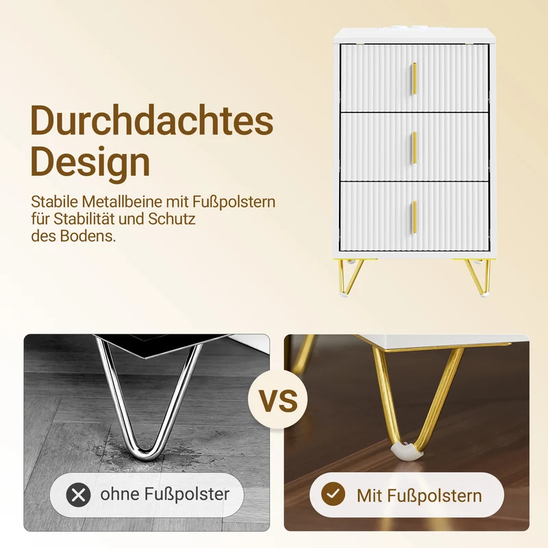 SoBuy | Nachttisch mit 3 Schubladen | Ladefunktion | USB und Type-C | Weiß | FBT115-L-E-W