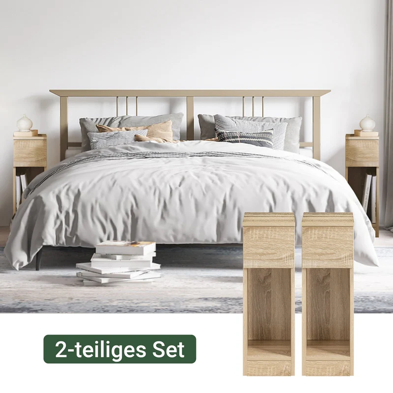 SoBuy | Nachttisch 2er Set schmal | mit Schublade Natur | FBT111-Nx2