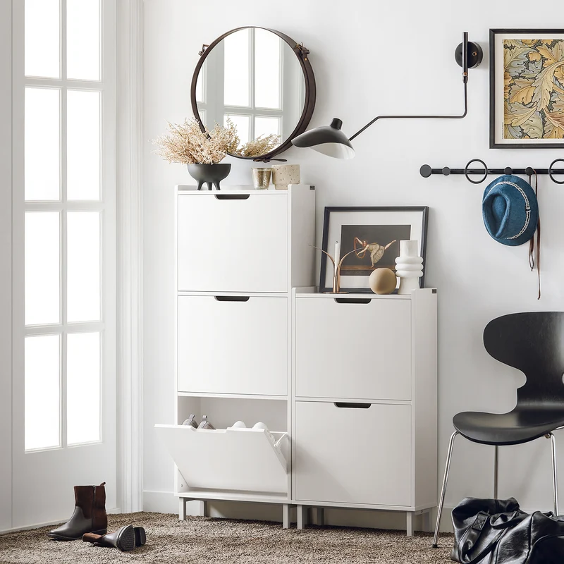 SoBuy FSR151-H-W Kapea Kenkäkaappi – 50 × 19 × 129 cm, Osastot, Kaatumiseste, Valkoinen