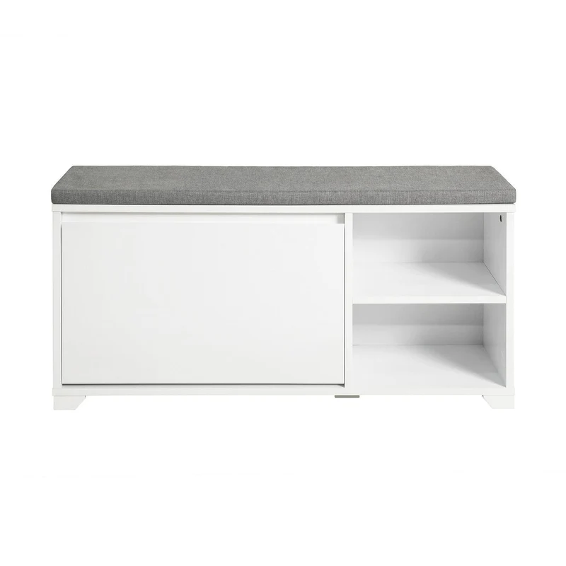 SoBuy FSR119-W Kenkäpenkki Pehmustetulla Istuimella, Kaatoluukulla ja 2 Avoimella Lokerolla – Kenkäsäilytys Eteiseen, 90 × 24 × 46 cm, Valkoinen
