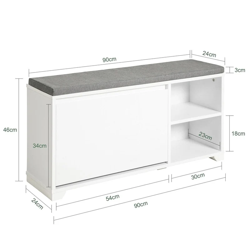SoBuy FSR119-W Kenkäpenkki Pehmustetulla Istuimella, Kaatoluukulla ja 2 Avoimella Lokerolla – Kenkäsäilytys Eteiseen, 90 × 24 × 46 cm, Valkoinen