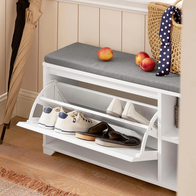 SoBuy FSR119-W Kenkäpenkki Pehmustetulla Istuimella, Kaatoluukulla ja 2 Avoimella Lokerolla – Kenkäsäilytys Eteiseen, 90 × 24 × 46 cm, Valkoinen