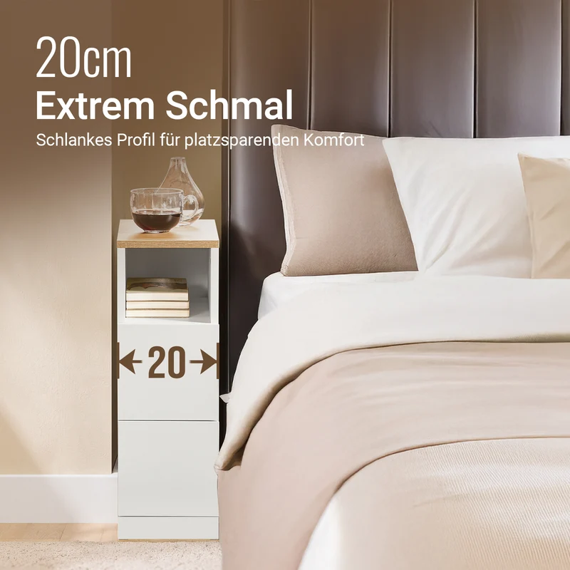 SoBuy Nachttisch schmal 20cm breit mit 2 Schubladen - Platzsparender Beistelltisch Weiß 60x35cm FBT149-WN