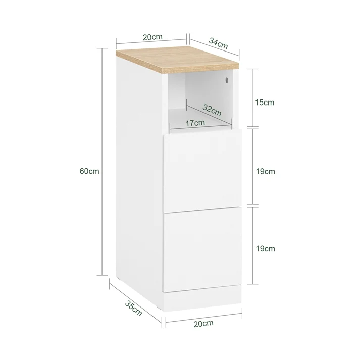 SoBuy Nachttisch schmal 20cm breit mit 2 Schubladen - Platzsparender Beistelltisch Weiß 60x35cm FBT149-WN