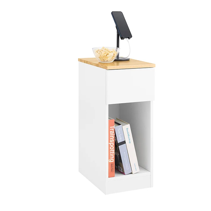 SoBuy Nachttisch schmal | Beistelltisch mit Schublade | Weiß-Natur FBT111-II-WN