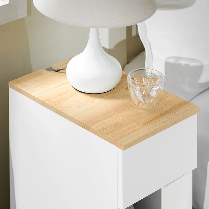 SoBuy Nachttisch schmal | Beistelltisch mit Schublade | Weiß-Natur FBT111-II-WN