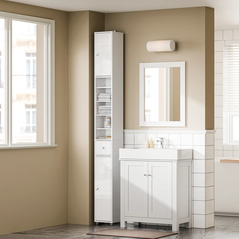 SoBuy BZR167-GW Kapea Kylpyhuonekaappi, Säilytyskaappi, 1 Laatikko, 2 Ovea ja 5 Avohyllyä, Säädettävät Hyllyt, Kiiltävän Valkoinen, 20x20x180 cm