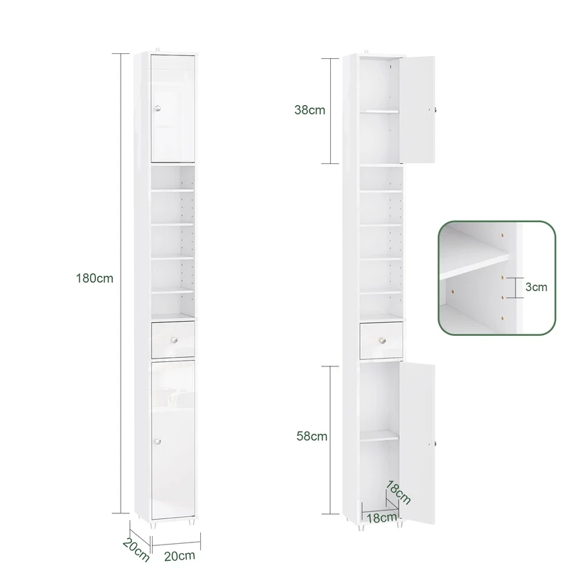 SoBuy BZR167-GW Kapea Kylpyhuonekaappi, Säilytyskaappi, 1 Laatikko, 2 Ovea ja 5 Avohyllyä, Säädettävät Hyllyt, Kiiltävän Valkoinen, 20x20x180 cm