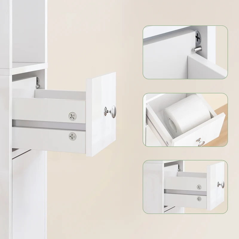 SoBuy BZR167-GW Kapea Kylpyhuonekaappi, Säilytyskaappi, 1 Laatikko, 2 Ovea ja 5 Avohyllyä, Säädettävät Hyllyt, Kiiltävän Valkoinen, 20x20x180 cm