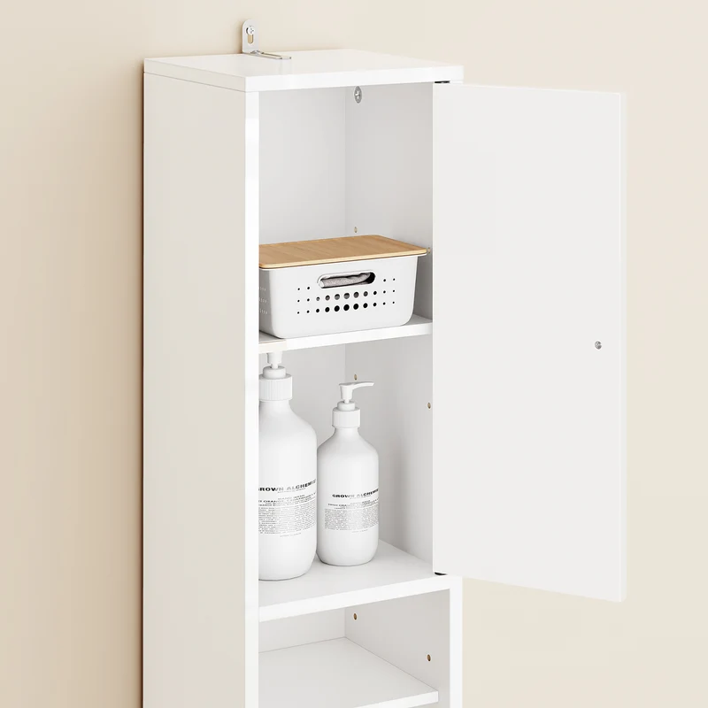 SoBuy BZR167-GW Kapea Kylpyhuonekaappi, Säilytyskaappi, 1 Laatikko, 2 Ovea ja 5 Avohyllyä, Säädettävät Hyllyt, Kiiltävän Valkoinen, 20x20x180 cm