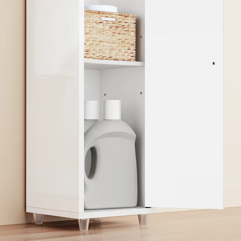 SoBuy BZR167-GW Kapea Kylpyhuonekaappi, Säilytyskaappi, 1 Laatikko, 2 Ovea ja 5 Avohyllyä, Säädettävät Hyllyt, Kiiltävän Valkoinen, 20x20x180 cm