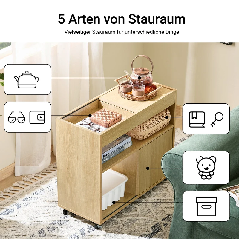 SoBuy | Beistelltisch mit Rollen | Nachttisch | Sofatisch | Teetisch | Natur | FBT152-N