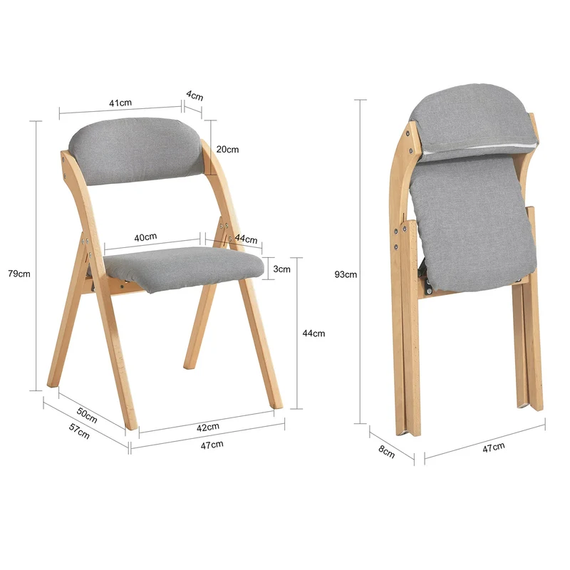 SoBuy FST92-Nx2 Zestaw 2 składanych krzeseł do jadalni, drewniane, tapicerowane, do kuchni i biura, z ergonomicznym oparciem, kompaktowe i oszczędzające miejsce krzesło kuchenne, jasnoszare, 47,5 x 59 x 77 cm