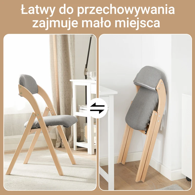 SoBuy FST92-Nx2 Zestaw 2 składanych krzeseł do jadalni, drewniane, tapicerowane, do kuchni i biura, z ergonomicznym oparciem, kompaktowe i oszczędzające miejsce krzesło kuchenne, jasnoszare, 47,5 x 59 x 77 cm