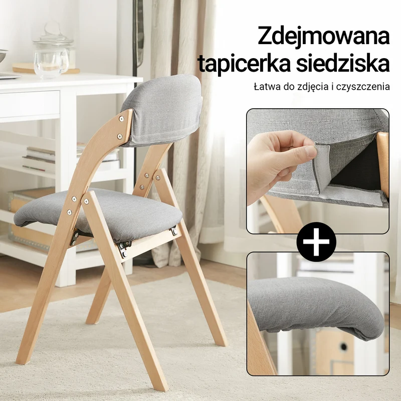 SoBuy FST92-Nx2 Zestaw 2 składanych krzeseł do jadalni, drewniane, tapicerowane, do kuchni i biura, z ergonomicznym oparciem, kompaktowe i oszczędzające miejsce krzesło kuchenne, jasnoszare, 47,5 x 59 x 77 cm
