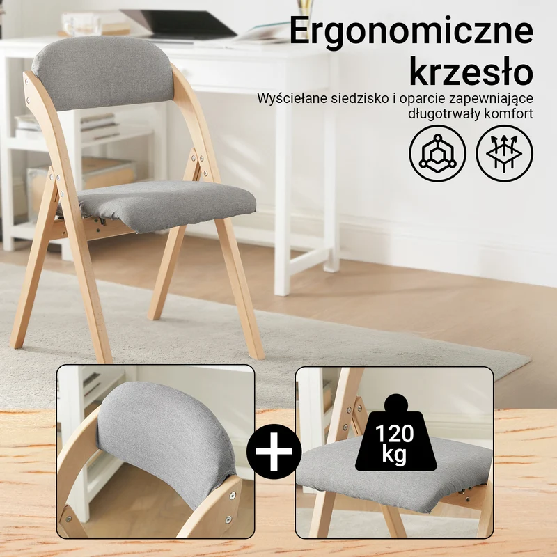 SoBuy FST92-Nx2 Zestaw 2 składanych krzeseł do jadalni, drewniane, tapicerowane, do kuchni i biura, z ergonomicznym oparciem, kompaktowe i oszczędzające miejsce krzesło kuchenne, jasnoszare, 47,5 x 59 x 77 cm