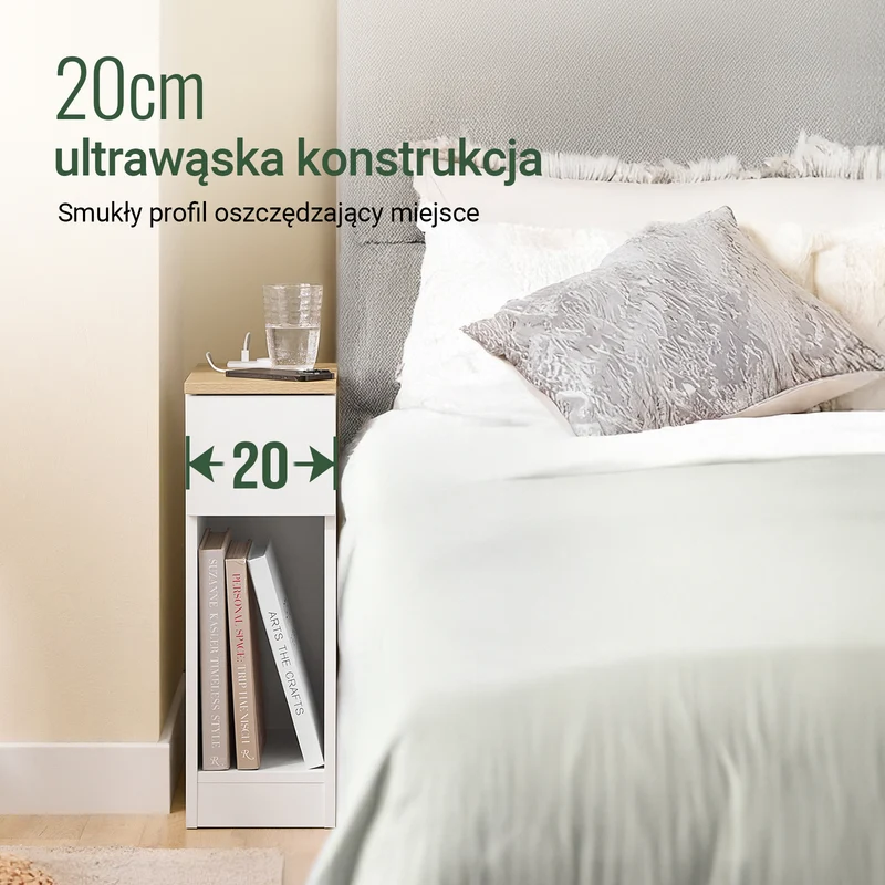 SoBuy FBT111-E-WNx2 zestaw 2 wąskich szafek nocnych ze stacją ładującą, wąskim stolikiem kawowym ze standardowym gniazdkiem, złączem USB i przyłączem typu C, do sypialni, salonu, kolor biały, 20 x 35 x 60 cm