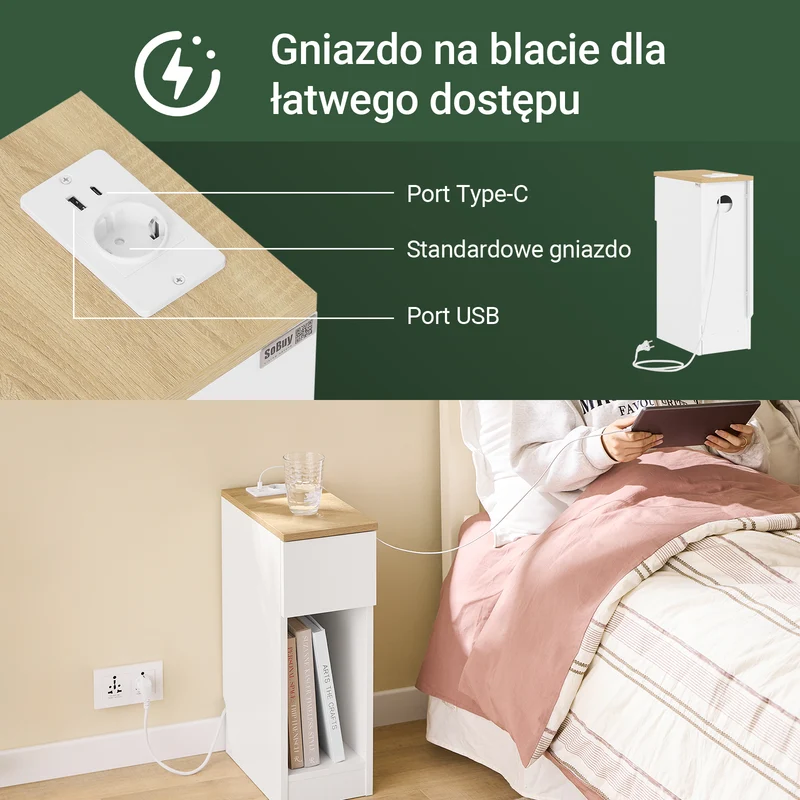 SoBuy FBT111-E-WNx2 zestaw 2 wąskich szafek nocnych ze stacją ładującą, wąskim stolikiem kawowym ze standardowym gniazdkiem, złączem USB i przyłączem typu C, do sypialni, salonu, kolor biały, 20 x 35 x 60 cm