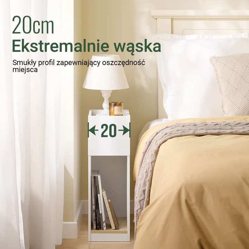 SoBuy FBT171-WN Wąski Stolik Szafkowy, Wąska Szafka nocna z Szufladą i Półką, Nowoczesny Stolik Boczny do Sypialni i Salonu, Biały, S20 x G35 x W60 cm
