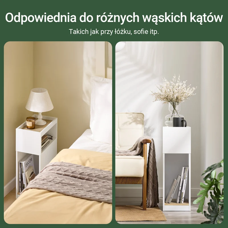 SoBuy FBT171-WN Wąski Stolik Szafkowy, Wąska Szafka nocna z Szufladą i Półką, Nowoczesny Stolik Boczny do Sypialni i Salonu, Biały, S20 x G35 x W60 cm