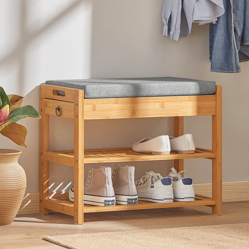 SoBuy FSR49-N 3-in-1 Kenkäpenkki – Pehmustettu Istuin, Piilotettu Säilytys, 2 Kenkähyllyä, 150 kg, Luonnonbambu