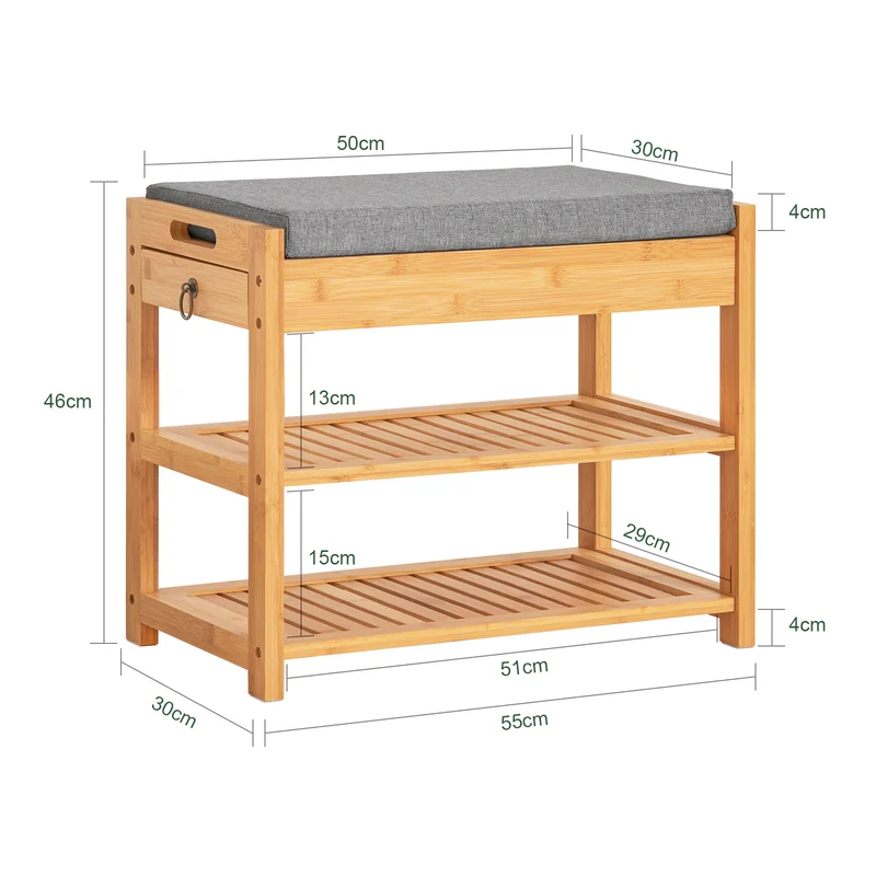 SoBuy FSR49-N 3-in-1 Kenkäpenkki – Pehmustettu Istuin, Piilotettu Säilytys, 2 Kenkähyllyä, 150 kg, Luonnonbambu
