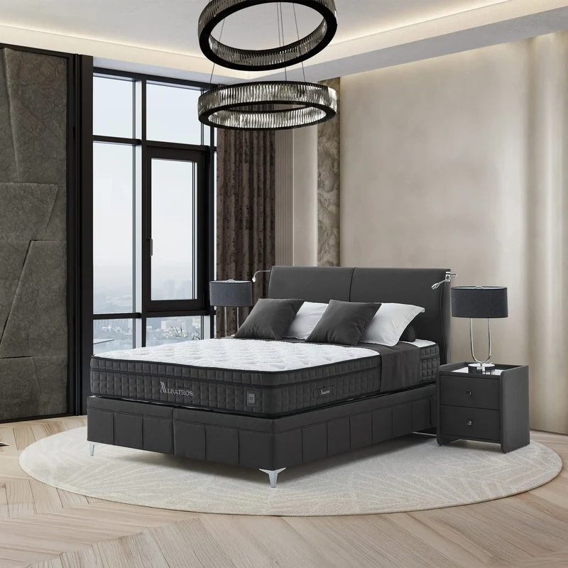 Albatros Boxspringbett Set: Elegantes Design inkl. Matratze mit 2000 ultra-harten Taschenfedern, Feder-Schaumstoff & Strickstoff – Rückenschonender Schlafkomfort für Paare