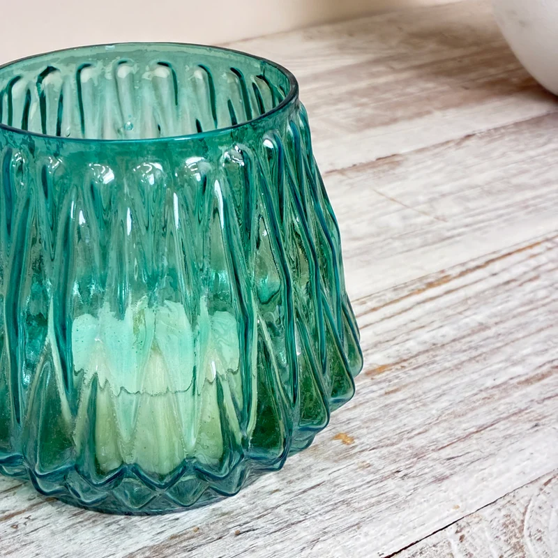 Teelichthalter Windlicht Türkis Rillenstruktur Glas Teelichtglas Gebraucht