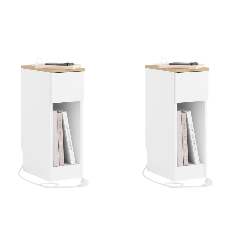 SoBuy | 2er Set Nachttisch schmal Nachtschrank mit Ladestation | Weiß-Natur | 20x60x35cm | FBT111-E-WNx2