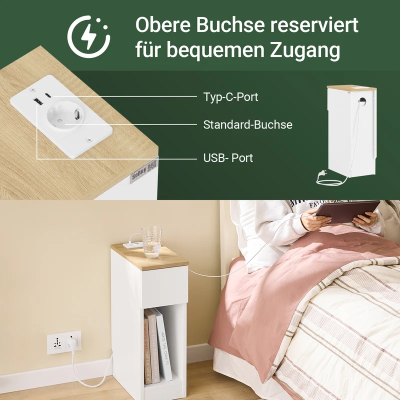 SoBuy | 2er Set Nachttisch schmal Nachtschrank mit Ladestation | Weiß-Natur | 20x60x35cm | FBT111-E-WNx2
