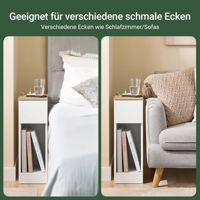 SoBuy | 2er Set Nachttisch schmal Nachtschrank mit Ladestation | Weiß-Natur | 20x60x35cm | FBT111-E-WNx2