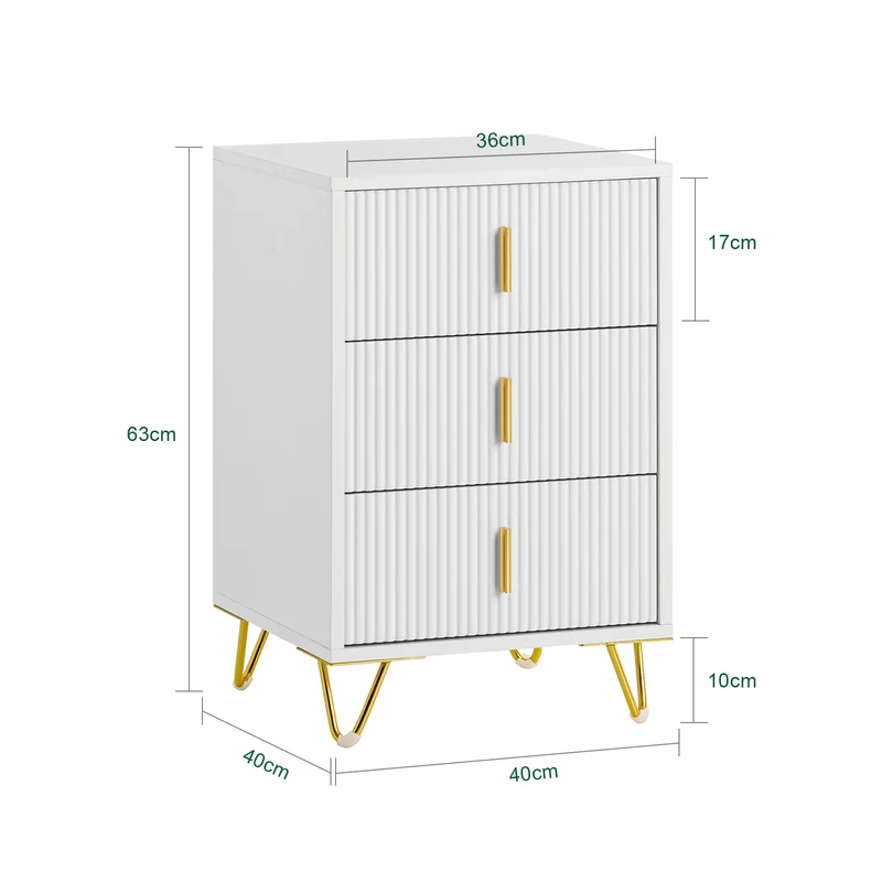SoBuy FBT115-L-W Yöpöytä 3 Vetolaatikolla – Valkoinen, 40 × 40 × 63 cm