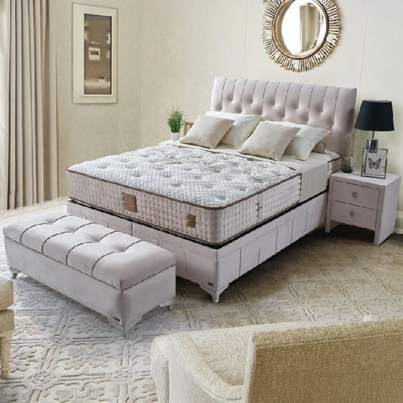 Platin Damla Boxspringbett Set inkl. Matratze – 100% Natürliche Wollschicht für Ganzjährige Temperaturregulierung & Langlebiges Bonell-Federkernsystem
