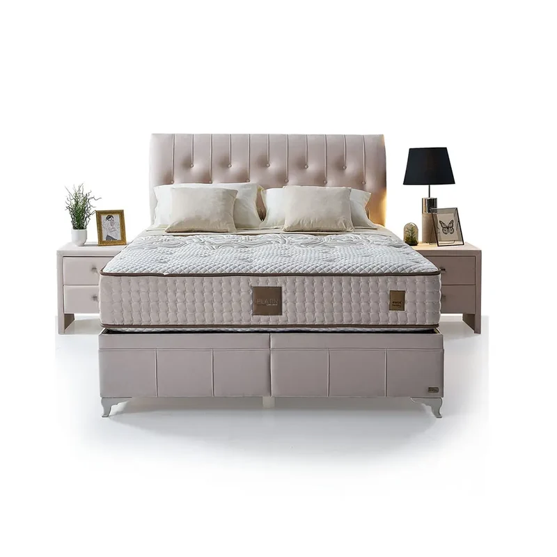 Platin Damla Boxspringbett Set inkl. Matratze – 100% Natürliche Wollschicht für Ganzjährige Temperaturregulierung & Langlebiges Bonell-Federkernsystem