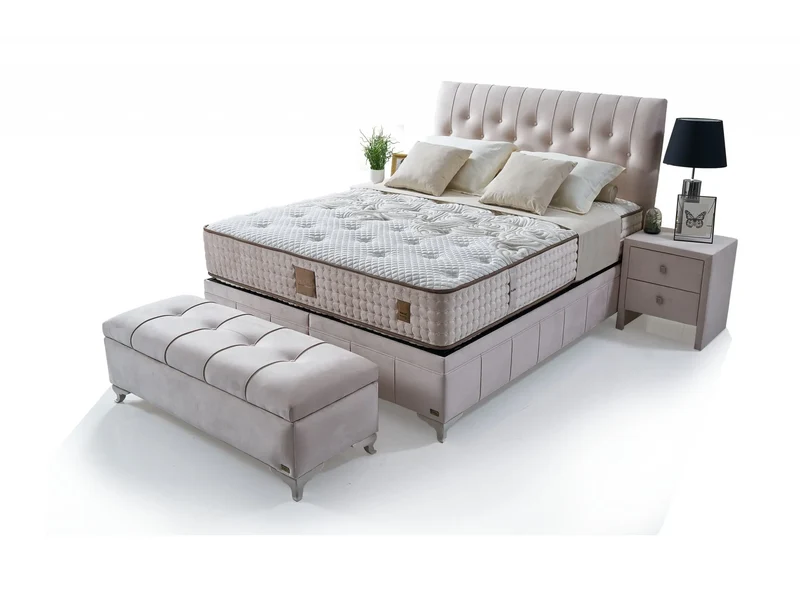 Platin Damla Boxspringbett Set inkl. Matratze – 100% Natürliche Wollschicht für Ganzjährige Temperaturregulierung & Langlebiges Bonell-Federkernsystem