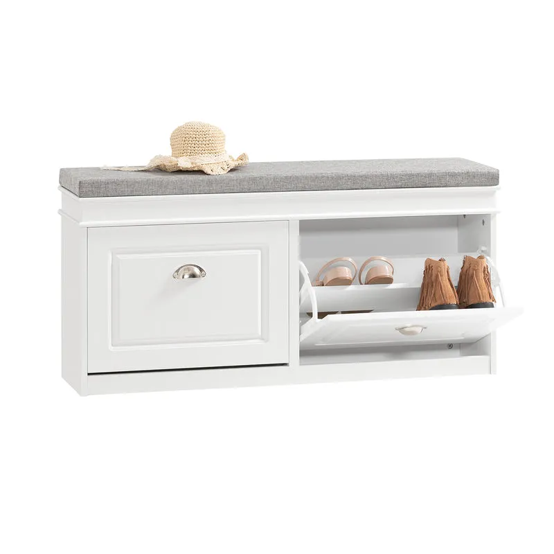 SoBuy FSR64-W Kenkäpenkki Tyynyllä – 2 Säilytyslokeroa, Kenkätila jopa 8 Parille, FSC®-sertifioitu MDF, L104 × S24 × K52 cm, Valkoinen
