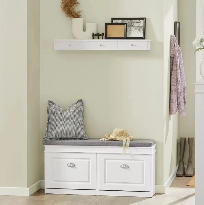 SoBuy FSR64-W Kenkäpenkki Tyynyllä – 2 Säilytyslokeroa, Kenkätila jopa 8 Parille, FSC®-sertifioitu MDF, L104 × S24 × K52 cm, Valkoinen