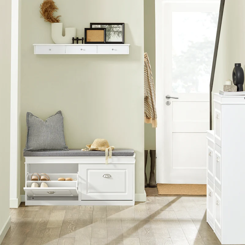 SoBuy FSR64-W Kenkäpenkki Tyynyllä – 2 Säilytyslokeroa, Kenkätila jopa 8 Parille, FSC®-sertifioitu MDF, L104 × S24 × K52 cm, Valkoinen