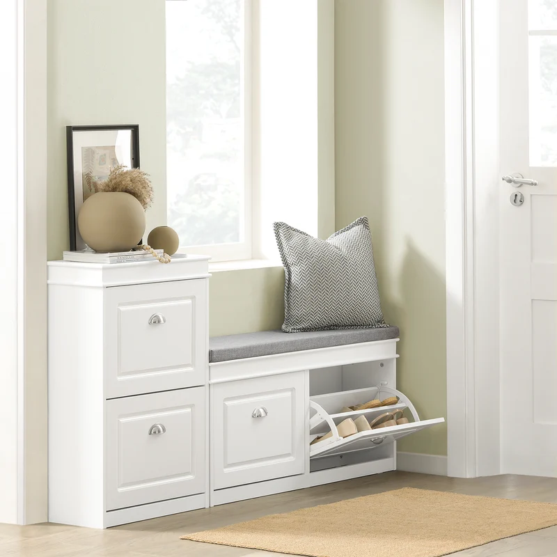 SoBuy FSR64-W Kenkäpenkki Tyynyllä – 2 Säilytyslokeroa, Kenkätila jopa 8 Parille, FSC®-sertifioitu MDF, L104 × S24 × K52 cm, Valkoinen