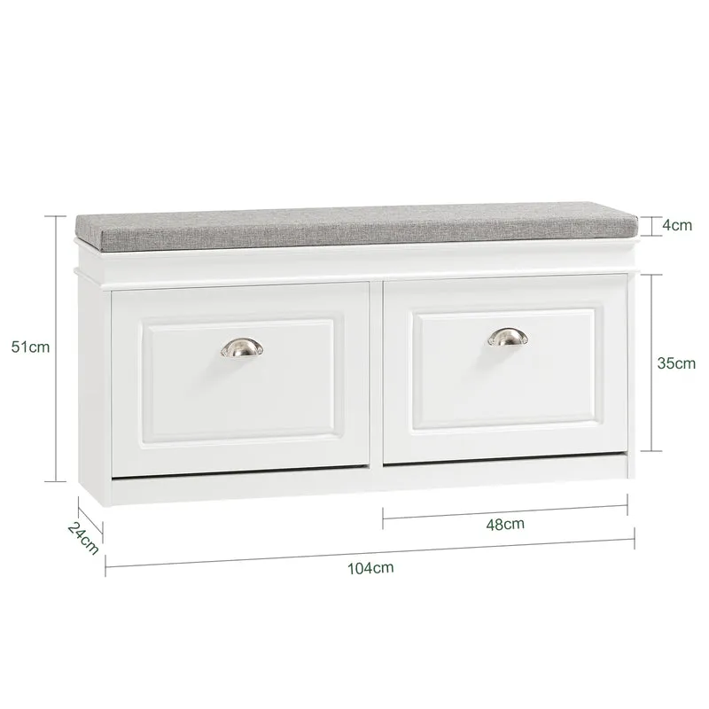 SoBuy FSR64-W Kenkäpenkki Tyynyllä – 2 Säilytyslokeroa, Kenkätila jopa 8 Parille, FSC®-sertifioitu MDF, L104 × S24 × K52 cm, Valkoinen