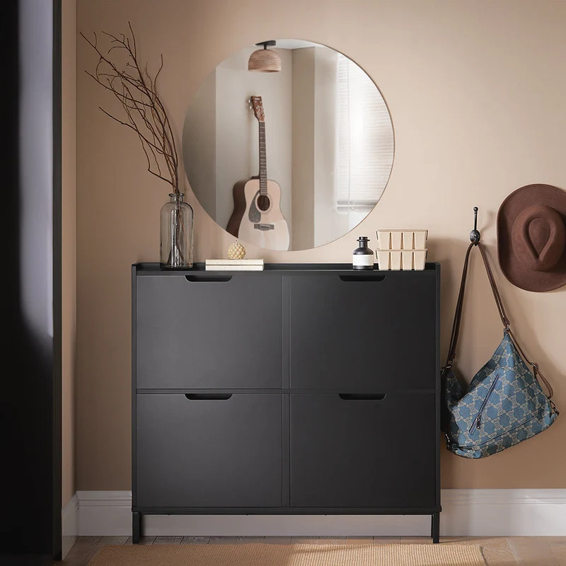 SoBuy FSR100-SCH Kapea Kenkäkaappi 4 Ovella – Vain 19 cm Syvä, Seinäkiinnike, Enimmäiskuormitus 60 kg, L100 × S19 × K91 cm, Grafiitinmusta