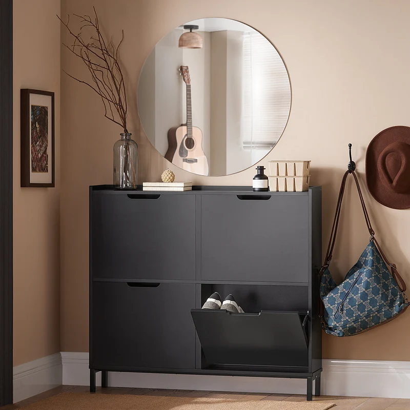 SoBuy FSR100-SCH Kapea Kenkäkaappi 4 Ovella – Vain 19 cm Syvä, Seinäkiinnike, Enimmäiskuormitus 60 kg, L100 × S19 × K91 cm, Grafiitinmusta