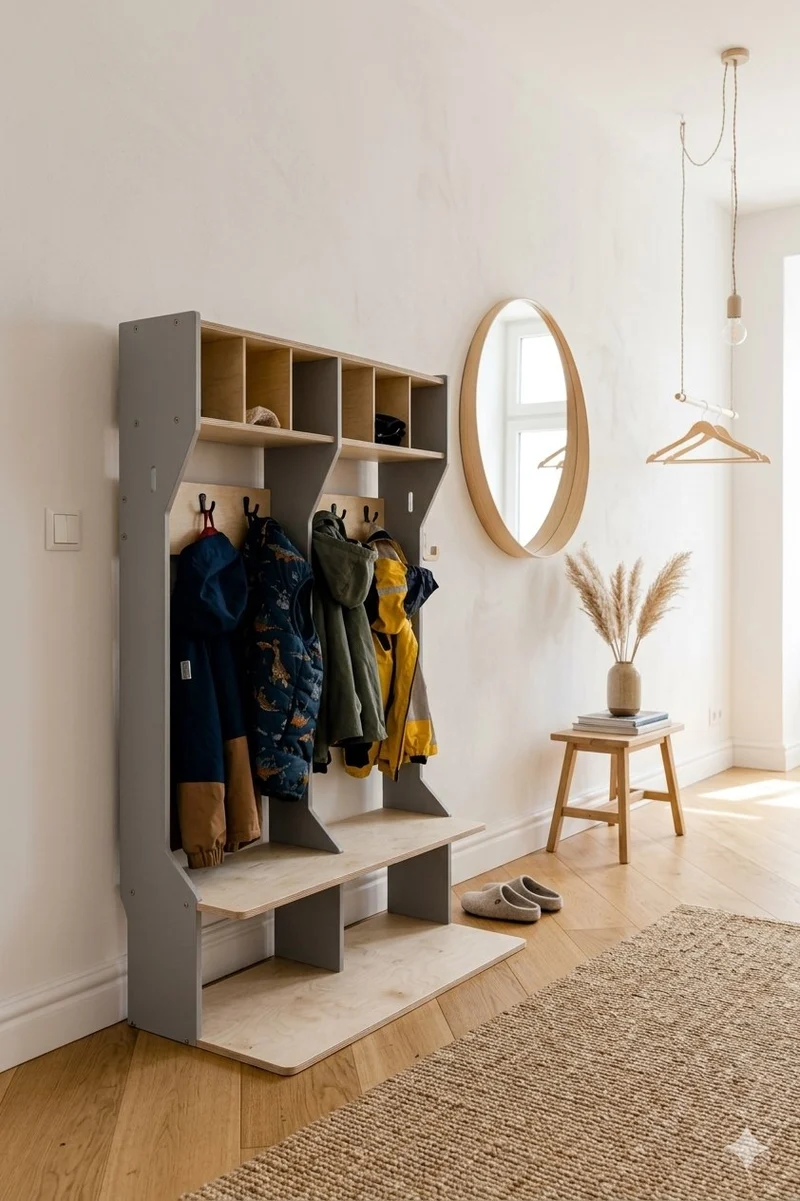 Doppelte Kindergarderobe mit Sitzbank – Geschwister-Garderobe aus Holz