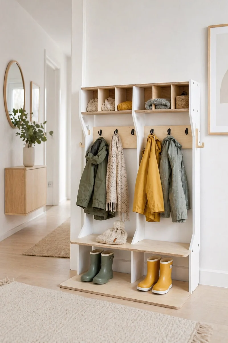 Doppelte Kindergarderobe mit Sitzbank – Geschwister-Garderobe aus Holz
